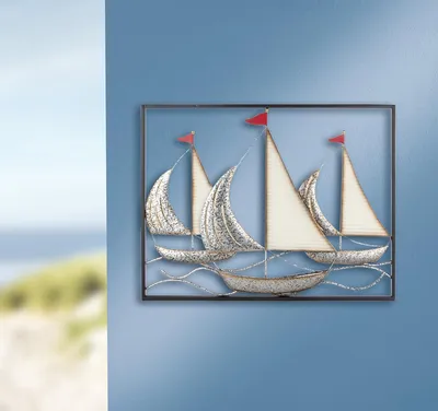 Produktbild von GILDE Wandrelief, rechteckig, "3 Segelboote", Bootmotiv, Metall, creme, silberfarben, , L. 2 cm, B. 69 cm, H. 53,5 cm 68059
