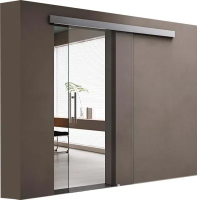 Image de doporro Porte Coulissante en Verre pour L'intérieur 90cm x 205cm Verre de Sécurité Transparent Poignée Barre Porte Glissante Distance au Mur de 15mm avec Amortisseur Amalfi 20