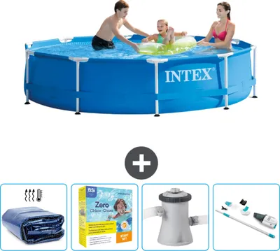 Produktbild von Intex-Schwimmbecken mit rundem Rahmen – 305 x 76 cm – Blau – im Lieferumfang enthalten Sonnensegel - Wartungspaket - Filterpumpe für Schwimmbad - Staubsauger