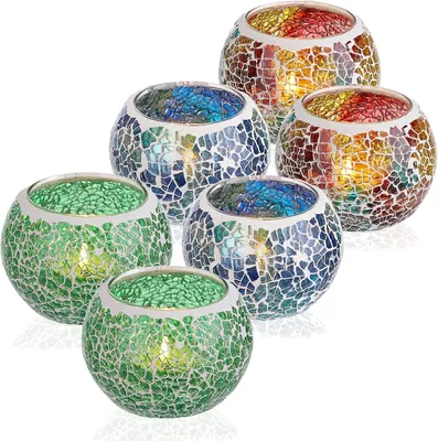 Productafbeelding van Set van 6 mozaïekglazen theelichthouders, decoratieve votive kaarsenstandaard, ronde kaarsenhouder centerpieces voor tafel, bruiloft, feest