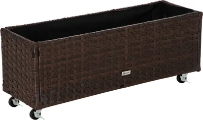 Produktbild von Outsunny Poly Rattan Hochbeet mit Rollen Pflanzkasten mit Abflusslöchern Blumenkasten Blumenkübel Kaffee-Braun 94,5 x 31 x 36 cm