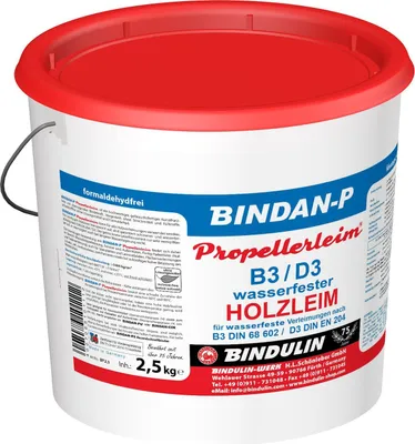 Produktbild von Bindan-P Propellerleim Holzleim 2,5 kg Eimer inkl. Leimspachtel, Microfasertuch (100% Polyester) und Pinsel