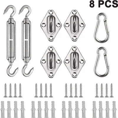 Produktbild von 8-teiliges Sonnensegel-Befestigungsset, 2 Edelstahl-Spannschlösser, 2 Karabiner, 4 Wandhalterungen, Sonnensegel-Zubehör für die sichere Montage von Vierkant- und Dreieckssegeln