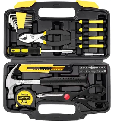 Image de Kit d'outils de 40 pièces pour la maison, de couleur jaune, avec coffret en plastique