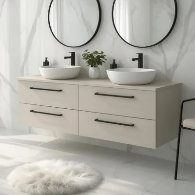 Produktbild von Waschbeckenunterschrank ONE Badezimmer 4 große Schubladen Badmöbel Kaschmir 120x50x46 Stauraum schwarze Griffe moderne Aufbewahrung