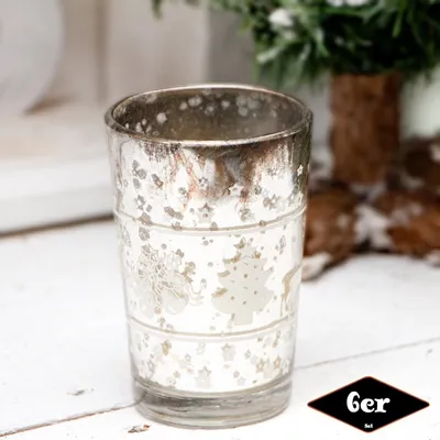 Produktbild von Teelichthalterset, Weihnachtsmotiv, 6er Set | Glas, Silber | H9,5xB6,0 cm