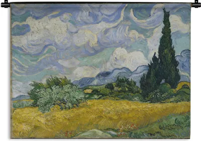 Produktbild von MuchoWow® Wandteppich Wandbehang Weizenfeld mit Zypressen - Vincent van Gogh 90x67.5 cm Tapisserie Dekoration Wandtuch - Fototeppich - Wand-Skulpturen