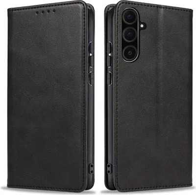 A black leather flip case for a smartphone is shown from two angles.