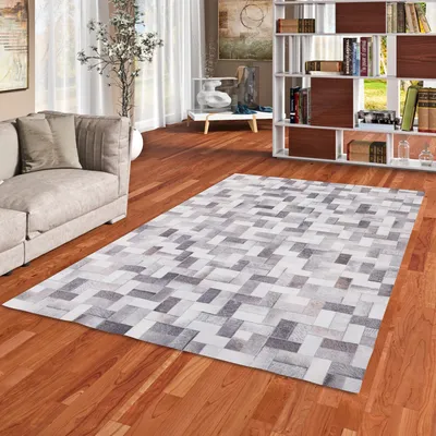 Produktbild von Kunstfaser Patchwork Tierfell Grau Beige Trend, Größe:120x160 cm