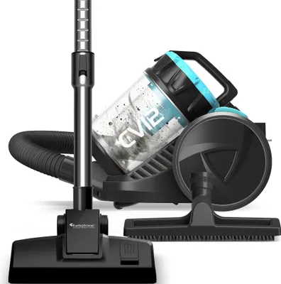 A black and blue bagless vacuum cleaner with its accessories is displayed against a white background.