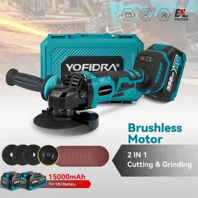 Produktbild von YOFIDRA Akku-Winkelschleifer 125 mm, bürstenlos, 1500W, 18V, mit 2 Akkus und Ladegerät, Kompatibel mit Makita 18V Akku