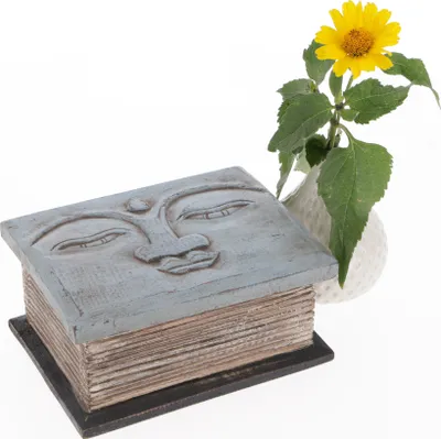 Produktbild von Beschnitzte Kleine Truhe, Holzschachtel, Holzdose mit Buddhakopf, Weiß, 9*18*13 cm, Dosen, Boxen & Schatullen