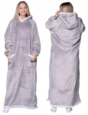 Produktbild von Langer Deckenpullover XXL - Kuscheldecke mit Ärmeln - Fleece Grau Bodenlang