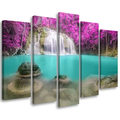 Produktbild von 5-teiliges leinwandbild wasserfall seelandschaft 200x100 cm Feeby lila wandbild bereit zum aufhängen