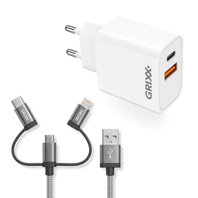 Productafbeelding van Grixx wandoplader 20 W USB-C en USB-A met 3-in-1-laadkabel 1 m wit/grijs