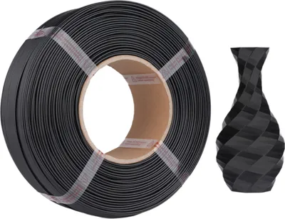 A roll of black PETG filament and a black vase.