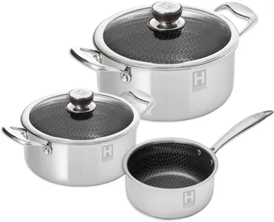 A set of three stainless steel pots with glass lids and honeycomb patterns on a white background.