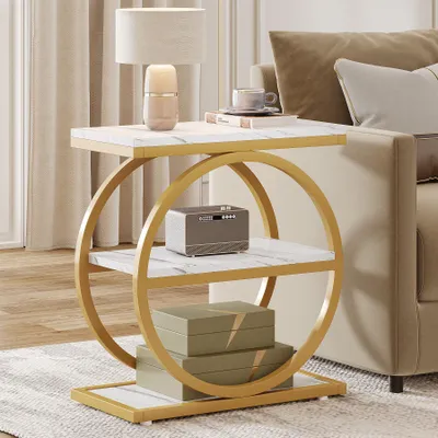 Produktbild von Beistelltisch mit Ablagefächern, 3-stöckiger Beistelltisch im Industrial-Stil aus Holz mit schwarzem Metallgestell für Wohnzimmer, Couchtisch