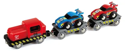 Produktbild von Hape Eisenbahn Rennwagen-Transporter, Frachtzug ab 3 Jahren, Eisenbahn