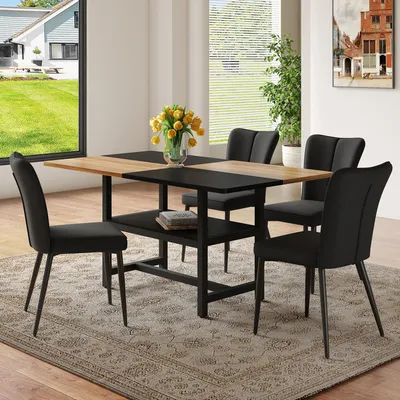 Produktbild von STILVORA STILVORA Rechteckiges Esstisch-Set mit Staufunktion, Esstisch mit 4 schwarzen modernen,Esszimmerstuhl-Set mit schwarzen Metallbeinen. Geeignet für Wohnzimmer, Essbereich, Küche usw.