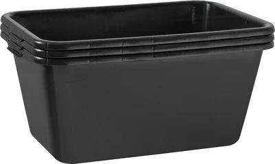 A stack of three black plastic tubs, viewed from a slightly elevated angle.