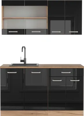 Produktbild von Vicco Singleküche R-Line, 140 cm ohne Arbeitsplatte, Schwarz Hochglanz/Goldkraft Eiche