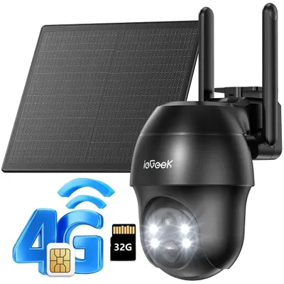 Image de 4G LTE caméra de surveillance avec carte sim en plein air caméra solaire 2K 360 ° surveillance sans fil caméra extérieure sans WLAN couleur vision nocturne avec carte 32G
