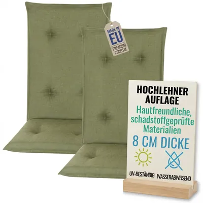Produktbild von Pillows24 - 2x Hochlehner Auflagen 120x50x8 cm | Gesteppte Wetterfeste Gartenstuhlauflagen | Polster Sitzkissen für  Gartenmöbel |   EU | Grün