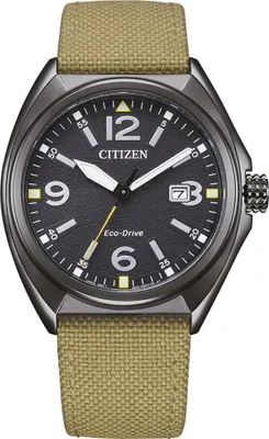 A close-up studio shot of a Citizen Eco-Drive watch with a black dial and a tan fabric strap.