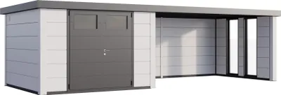 Produktbild von Telluria Metallgerätehaus Classico 3030 mit Lounge Anbau (ca. 450 cm Breite) inkl. 2 Fenstern weiß/weiß Lounge-Anbau rechts
