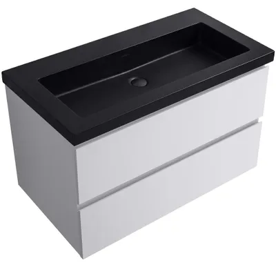 Productafbeelding van CERANO - Badkamerkast Carole - wit, mat + wastafel van composietmarmer Ovo - zwart, mat - 80,5x53x46,5 cm
