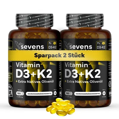 Produktbild von Pack 2x Vitamin D3 K2 MK7 – 4000 IE + 200 µg - Hochdosiert, optimal bioverfügbar - ohne unnötige Zusätze - mit Extra Vergine Olivenöl - 360 Perlen