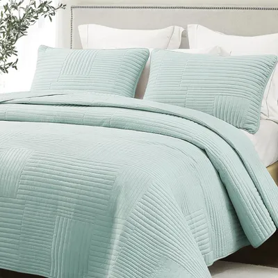 Produktbild von Tagesdecke Bettüberwurf 260x280 cm, Bedspreads aus Mikrofaser mit 2 Kissenbezüge, Weiche und Leichte Steppdecke mit Streifenmuster für alle Jahreszeiten, Grün