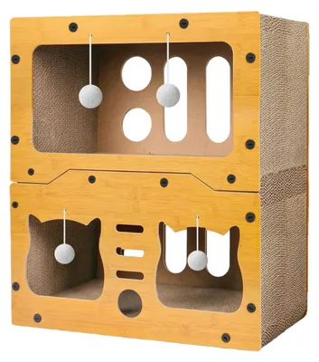 Image de Arbre à gratter pour chats - 2 en 1 : maison et lit pour chats - Trois niveaux - Sisal - Jouets suspendus - Jaune