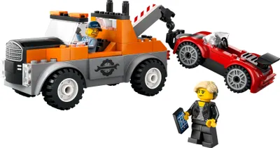 Produktbild von LEGO City Abschleppwagen mit Sportauto, Spielzeug-Auto für Jungen und Mädchen ab 4 Jahren, Geburtstagsgeschenk für Kinder, LKW-Spielzeug mit 2 Minifiguren und Zubehör wie einem Cochlea-Implantat 60435