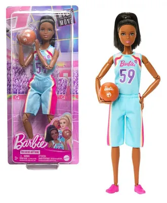 Image de Barbie joueuse de basket-ball You can be anything Poupée avec ballon tenue de sport bleue, baskets roses, Mattel HKT74