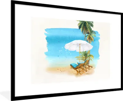 Produktbild von MuchoWow® MuchoWow® Gerahmtes Poster Strandkorb - Sonnenschirm - Palmen - Wasserfarben 90x60 cm - Poster mit zchwarzem Bilderrahmen - Wanddekoration - Fotos