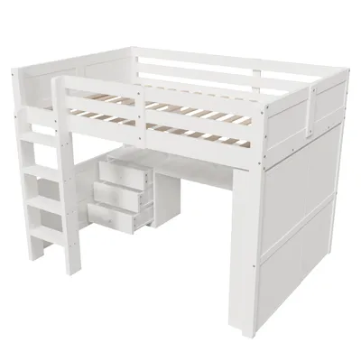 Obrázek produktu pro okwish vyvýšená postel 140x200, postel pro mládež s LED světelnou lištou, dětská postel se zásuvkami a šatní skříní, dřevěná postel s psacím stolem, bílá (bez matrace)