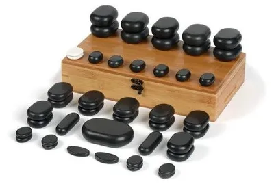 Obrázek produktu pro Sada masážních kamenů Habys Hot Stone 45 kusů, z čediče, s elegantní bambusovou krabičkou, pro wellness lázeňskou tepelnou léčbu a tepelnou terapii, terapeutické kameny