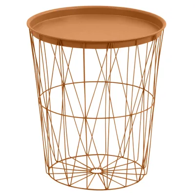 A side view of a copper side table with a wireframe base and a solid top.