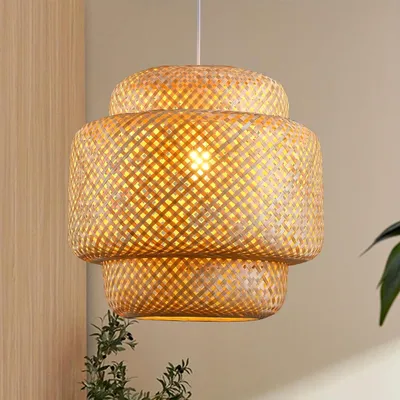 Produktbild von JDONG Pendelleuchte Rattan Hängeleuchte Lampenschirm Boho Vintage warmweiß E27 Bambus Nachbildung für Küche, Glühbirne nicht im Lieferumfang enthalten