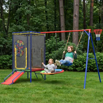 Produktbild von Merax Multifunktionales Outdoor-Schaukel-Set für Kinder mit Trampolin, Rutsche, Schaukel und Basketballkorb, Sicherheitsnetz, Nestschaukel