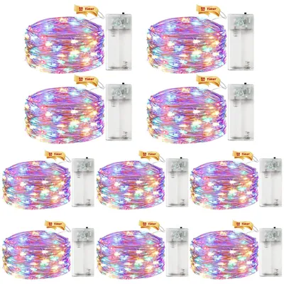 Productafbeelding van LED-lichtketting op batterijen met timer - Set van 10 - 2 m - 20 leds - Micro koperdraad - Kleurrijke lichtketting