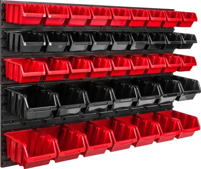 Image de Panneau d'outils mural 115,2 x 78 cm avec 41 pcs. Boîtes suspendues rouges et noires Boîtes empilables