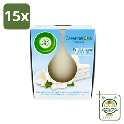 Productafbeelding van 15 x Air Wick Geurkaars "Frisse Linnen" met essentiële oliën, 105 g - Verpakking met 15 stuks
