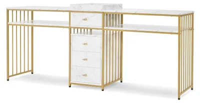 Produktbild von Doppelnageltisch mit Schubladen und Regal, Manikürtisch, Schminktisch ohne Spiegel, Modernes Wohnzimmer, Marmor-Weiß Gold, 50 x 200 x 86 cm