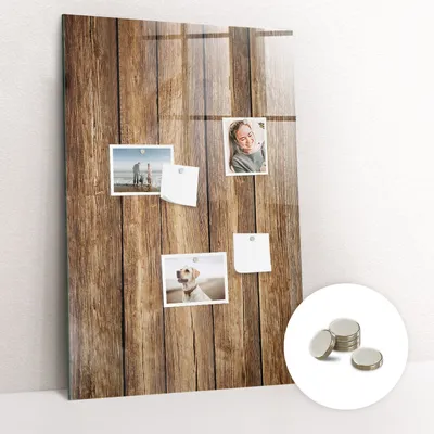 Obrázek produktu pro Magnetická Tabule na Zeď Skleněná - Memo Board Kleněnou Přední Stranou - 5 magnetů v balení - 60x90 cm - Textura dřeva