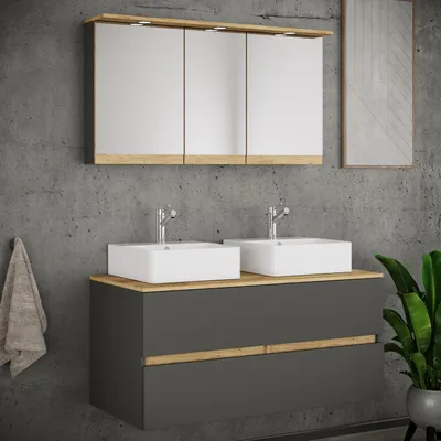 Produktbild von VCM 4-tlg. Doppelwaschtisch Cosila mit 2 Keramikbecken – Badschrank  H. 51 x B. 111 x T. 51 cm mit 2 Softclose-Schubladen, Spiegelschrank mit Beleuchtung & Steckdose, Waschplatz Set Cosila-A