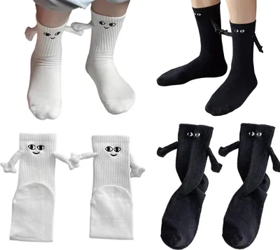 Produktbild von Lustige Magnetische Saugnapf Socken 3D Puppes Paar Socken Freundschaftssocken Hand in Hand Socks Uni ,(Weiß+Schwarz)