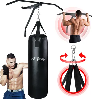 Produktbild von Physionics® Boxsack mit Klimmzugstange - Punchingsack Gefüllt: 28x83 cm, 19kg, 4 Gewebegurtbänder, Drehwirbel, Reckstange: B:82cm, Stahl, Max.120kg